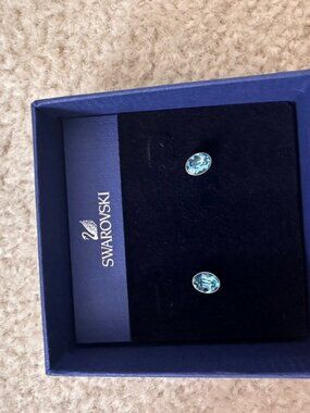 Swarovski Oval Stud Earrings Aqua Crystal Rhodium 5093920 NEW In Box